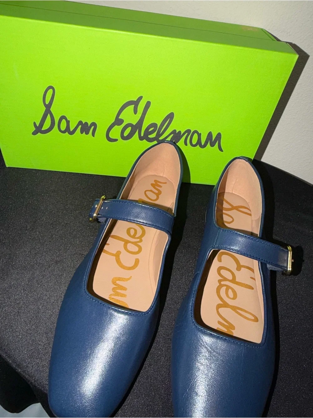 Sam Edelman “Michaela” Blue Leather Mary Jane Flats with Gold Buckle